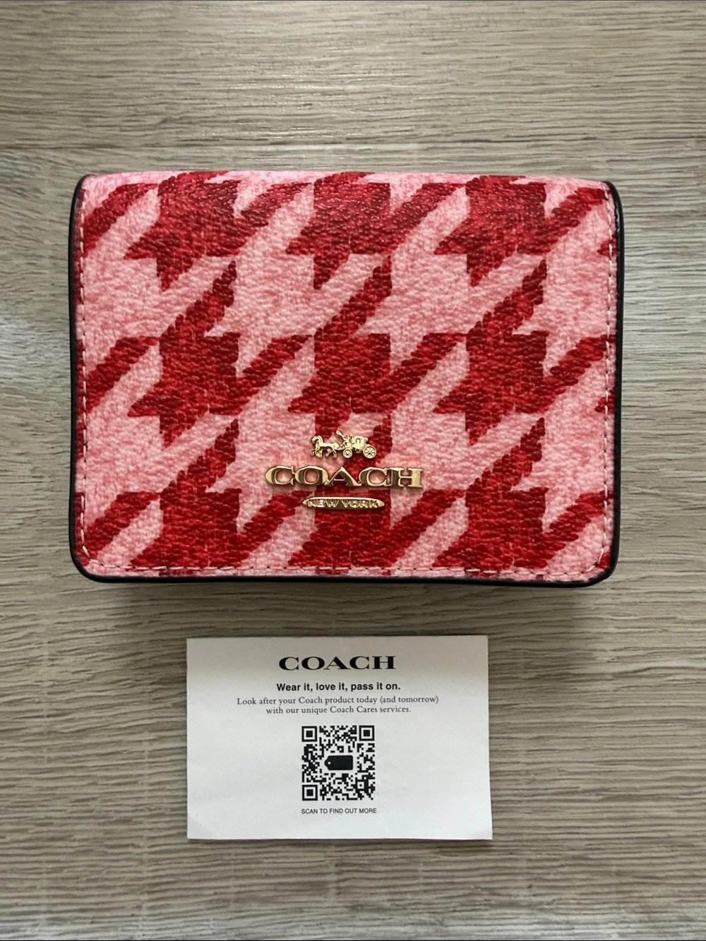 Coach Red and Pink Houndstooth Mini wallet with crossbody chain